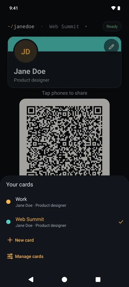 Switching cards: Jane Doe’s Work and Web Summit cards, with New card and Manage cards