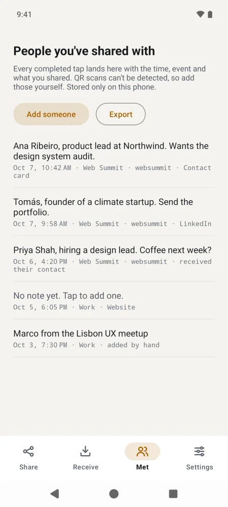 Tilde’s Met list in the light theme: five people Jane shared with, with notes, dates, card and event