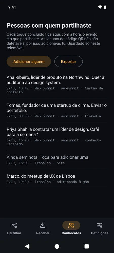 A lista Conhecidos da Tilde: cinco pessoas com quem Jane partilhou, com notas, datas, cartão e evento