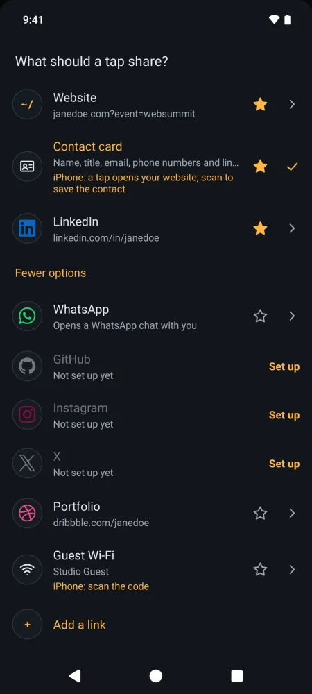 Choosing what a tap shares: starred website, contact card and LinkedIn, then WhatsApp, a Dribbble portfolio link and guest Wi-Fi