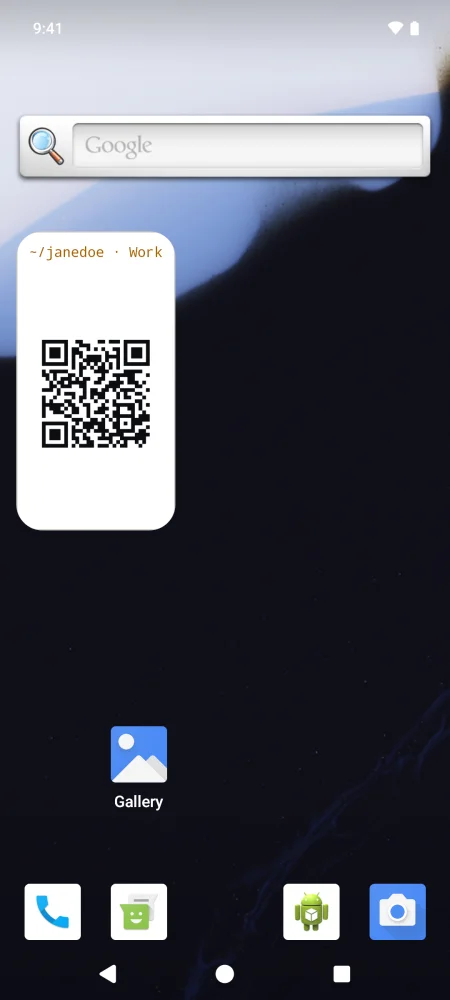 The Tilde QR code widget on a home screen, showing the code for Jane Doe’s Work card