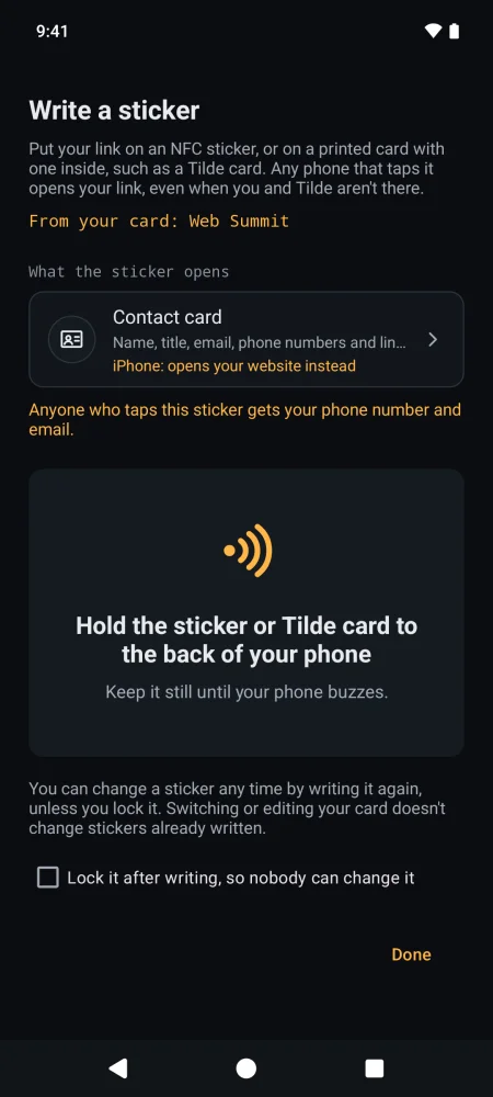Write a sticker: the contact card chosen, with the warning that anyone who taps the sticker gets the phone number and email