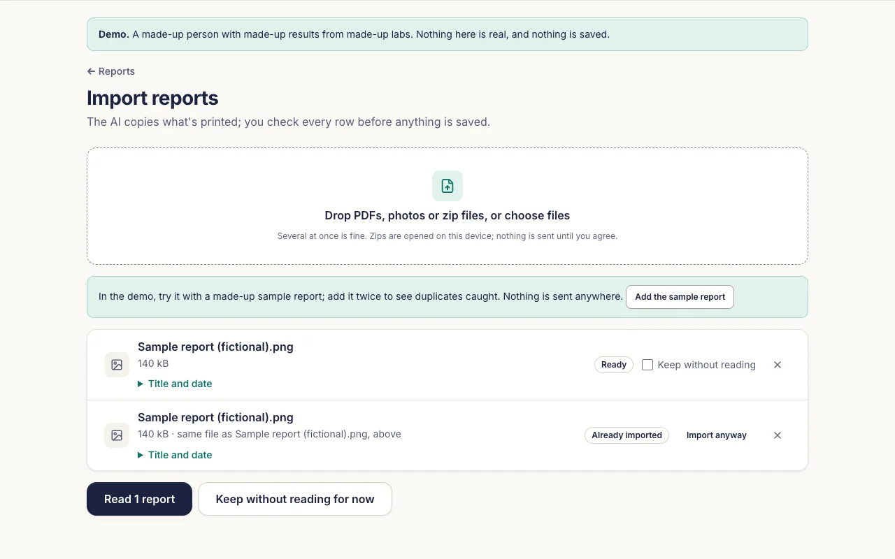 The LabTrails import queue, with a second copy of the same sample report marked as already imported.