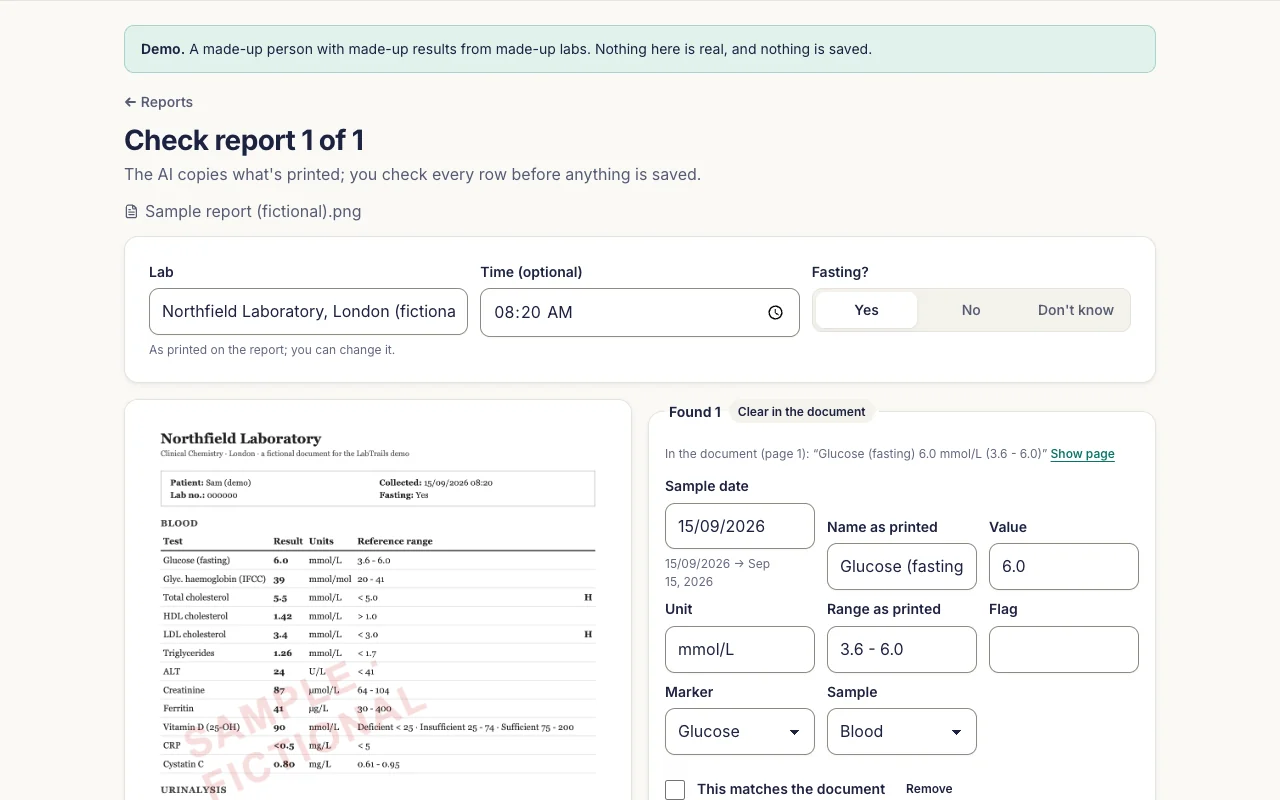 Checking a made-up lab report: the report on the left, and each value the AI copied on the right, with the date as printed and as read, waiting to be confirmed.